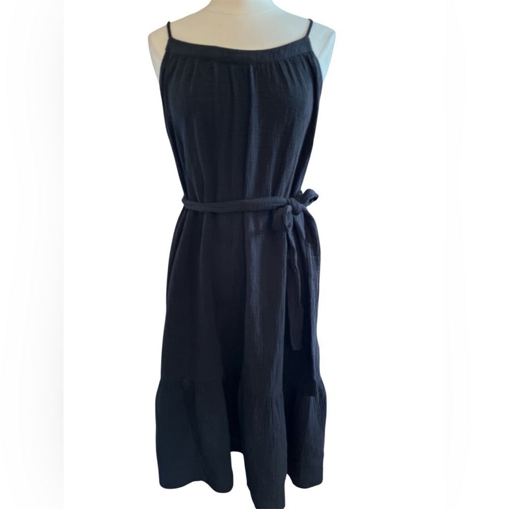 GAP Black Gauze Cotton tiered Midi Dress w/Belt & adjustable straps Size Medium